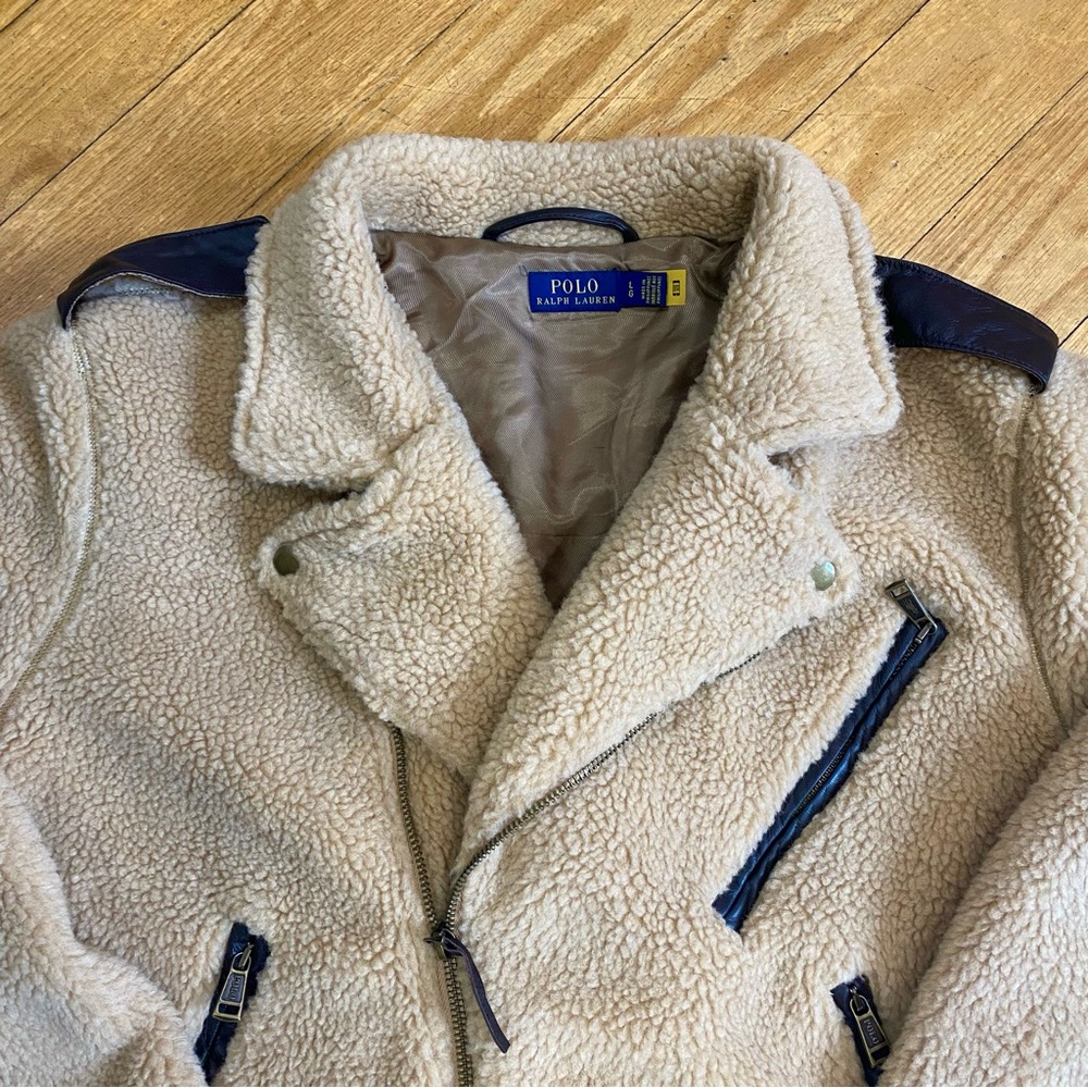 Polo by Ralph Lauren Beige and Black Sherpa Moto Biker Jacket Women’s Size Large - Picture 4 of 11